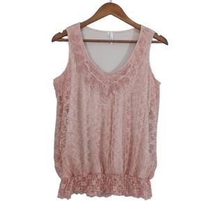 STUDIO Y Pink Lace Overlay Pearly Rosette Embellished Sleeveless Top Blouse